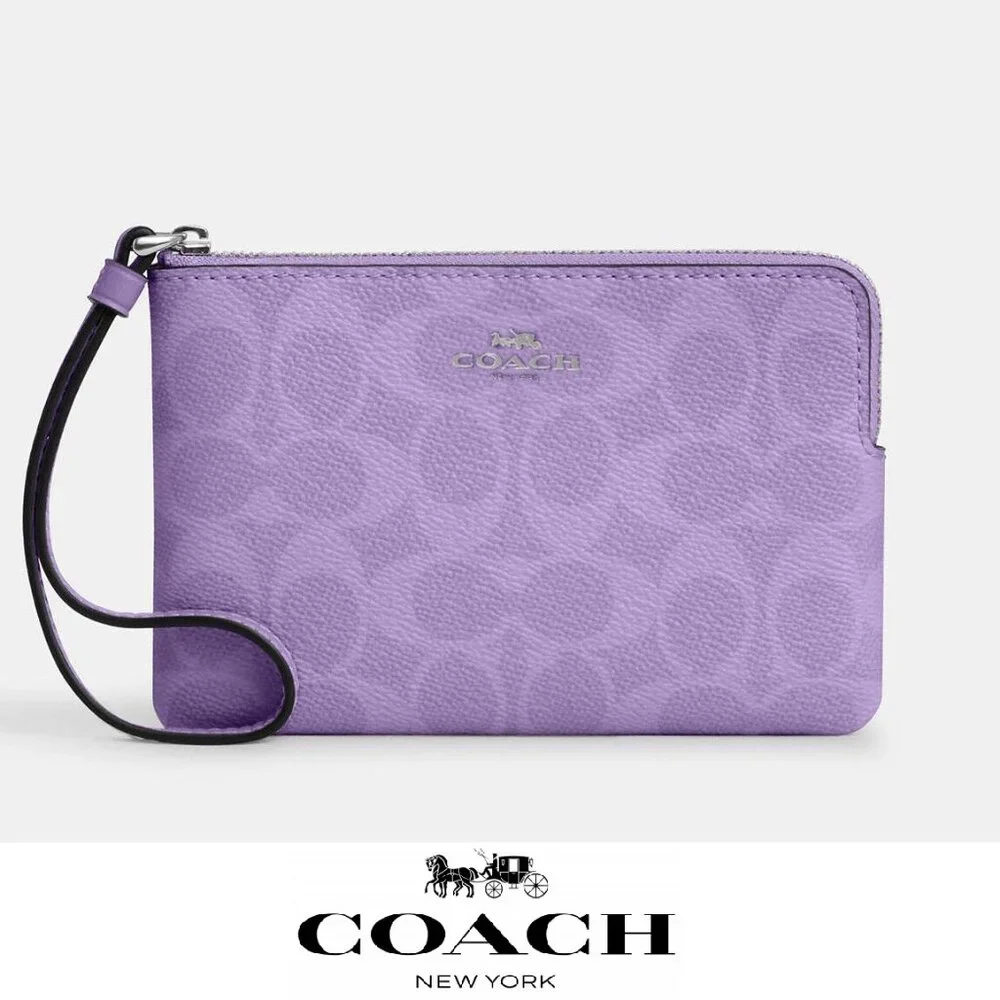 ❤️ Coach Corner Zip Wristlet In Signature Canvas With Stripe Iris